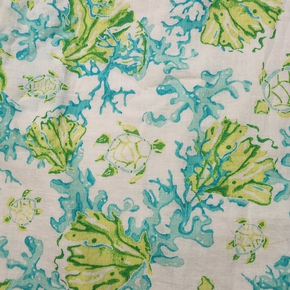 J Jill Love Linen Aqua Green Shift V Neck Dress L Petite Sea Turtle Coral Print - Picture 2 of 8
